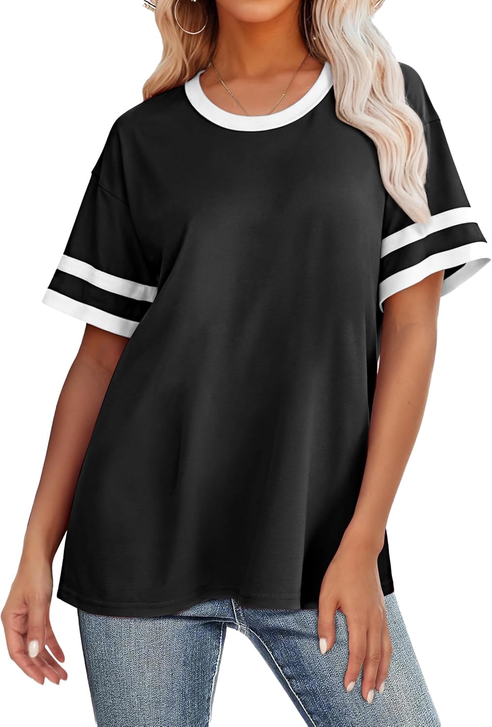 Women's Fashion 2026 T-Shirts - Loose Fit Short Sleeve Color Block Tee - Breathable Crew Neck Summer Top - Image 2
