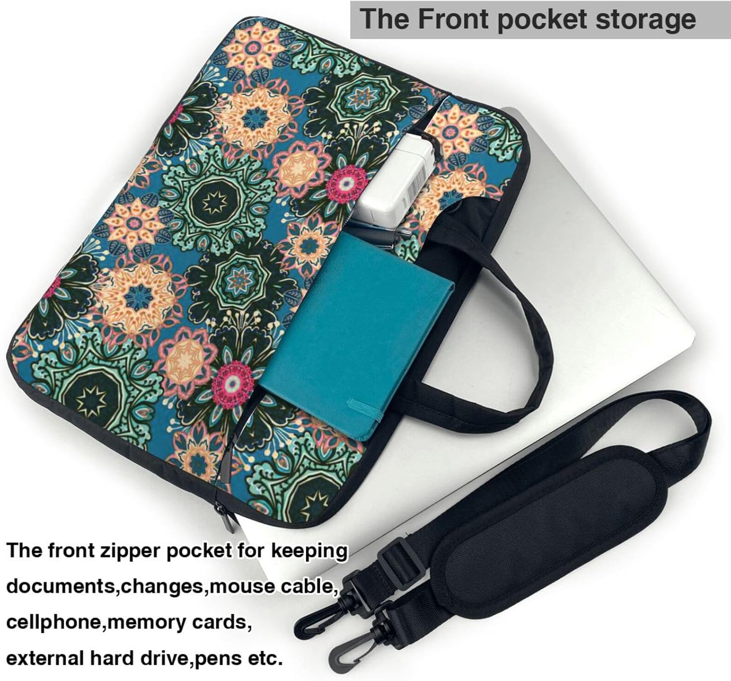 Bohemian Flower Print Laptop Shoulder Bag Messenger Bag Notebook with Accessories Pocket 13/14/15.6 inch