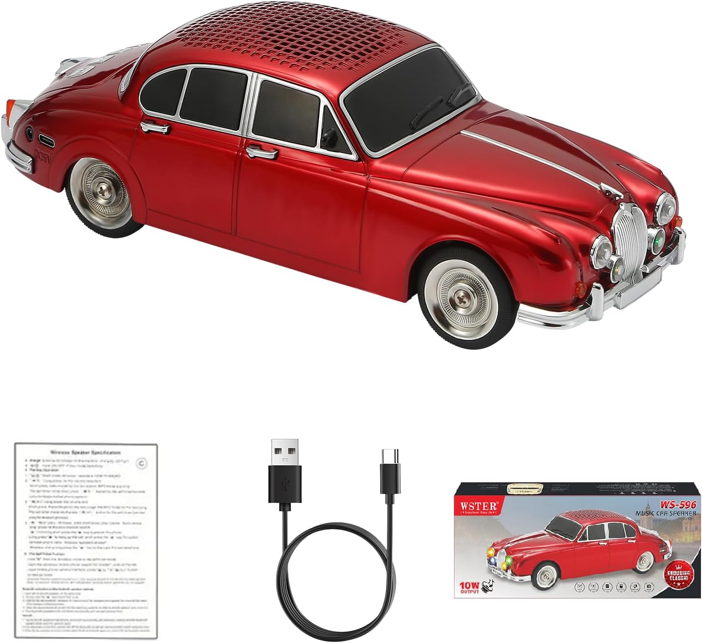 WSTER WS-596 Retro Sedan Bluetooth Car Replica Speaker – Portable Wireless Model with HD Sound, TWS Stereo Pairing, FM Radio, USB/TF Playback, LED Headlights & Taillights, Built-in Mic (Red)