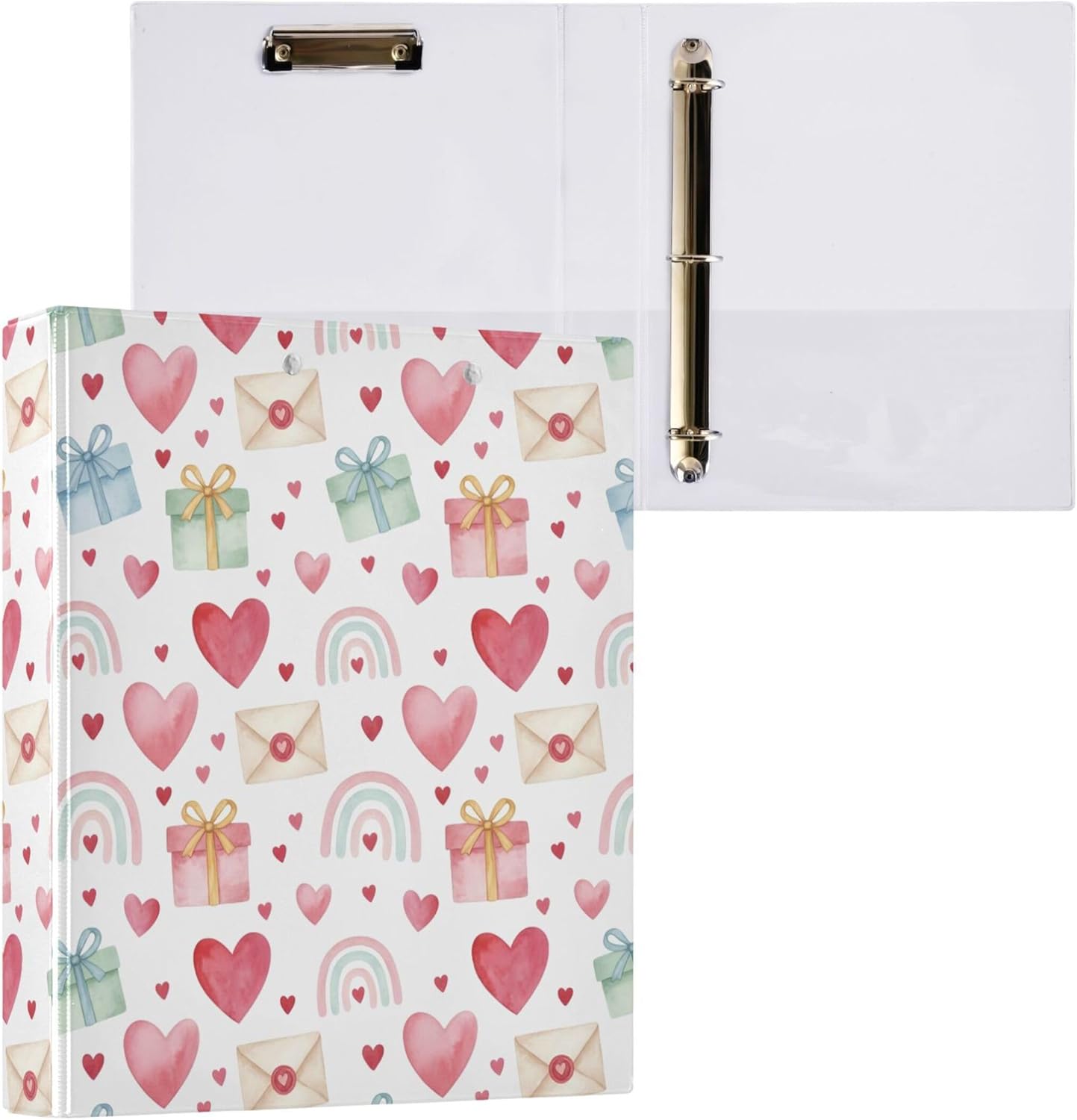 Valentine's Day Theme 3 Ring Binders, 1.5” Round Ring Binders with Clipboard - Letter Size, 3 Interior PVC Clear Pockets & Anti-Slip Clip for Office School Supplies, 2PCS