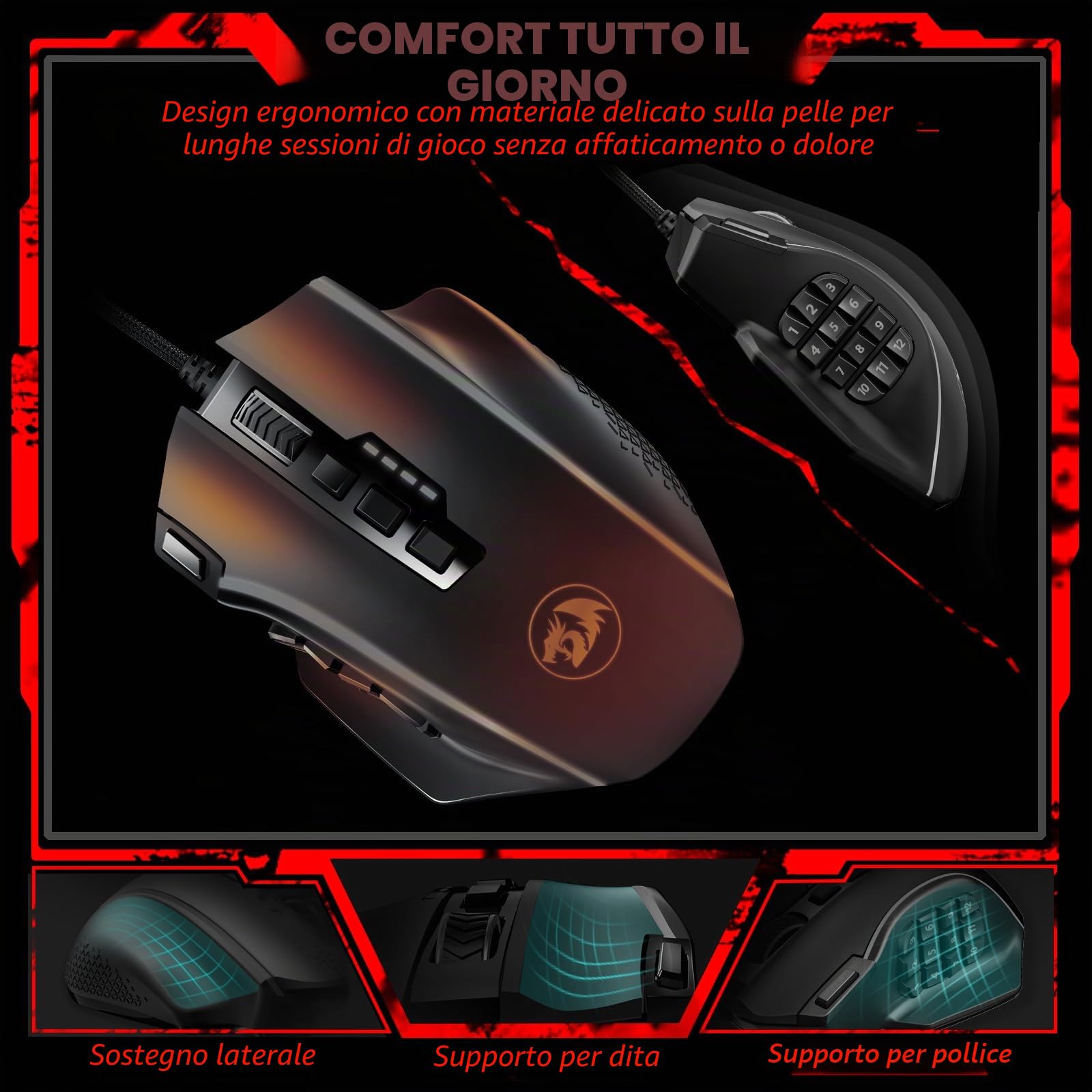 Redragon MMO Gaming Mouse UP 16,000 DPI, 16 pulsanti programmabili Macro, mouse da gioco RGB con 12 pulsanti laterali, sintonizzazione del peso 8 * 2,4 g per PC Laptop MOBA FPS, M901K, nero