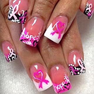 Breast Cancer Press on Nails Short Square Fake Nails Pink Ribbon Breast Cancer Awareness Full Cover False Nails Glossy Pink White French Tip Glue on Nail for Women Manicure Nail Decoration 24Pcs