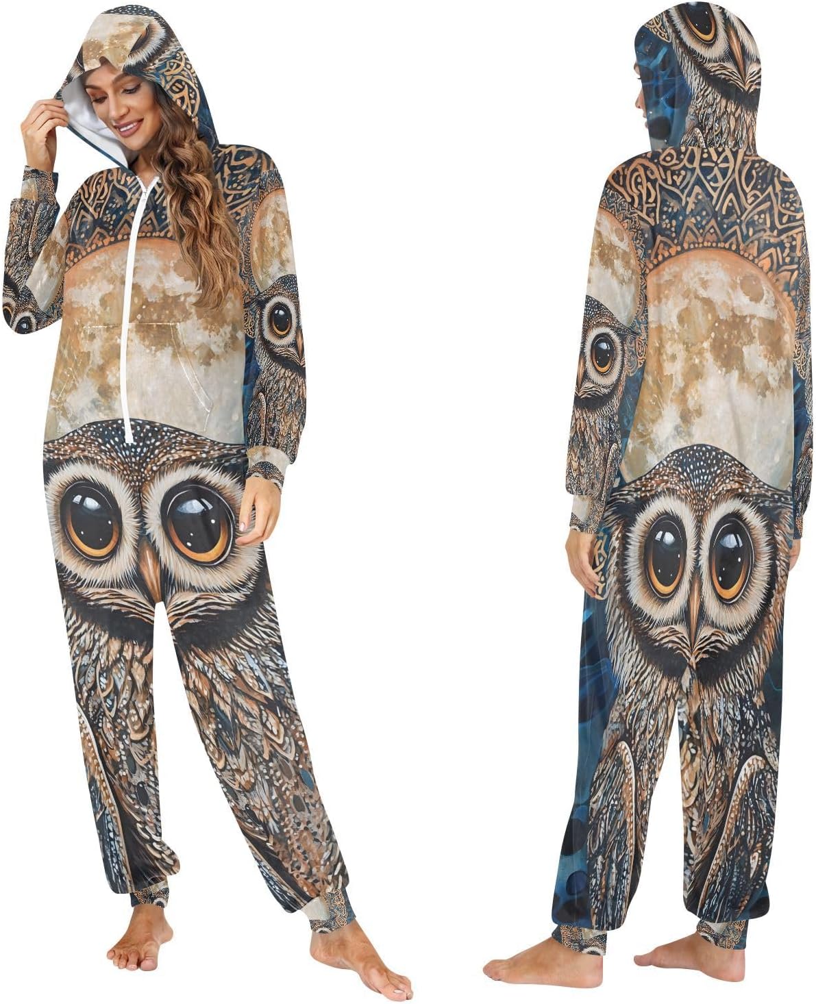 Owl Moon Line Boho Unisex Adult Onesie Pajamas Comfy One Piece Costume Jumpsuits Novelty Sleepwear Homewear for Men Women
