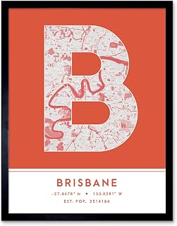 Wee Blue Coo Brisbane Australia City Map Orange Colour Block Modern Typography Stylish Letter Framed Word Wall Art Print Poster for Home Décor CITYMAP1