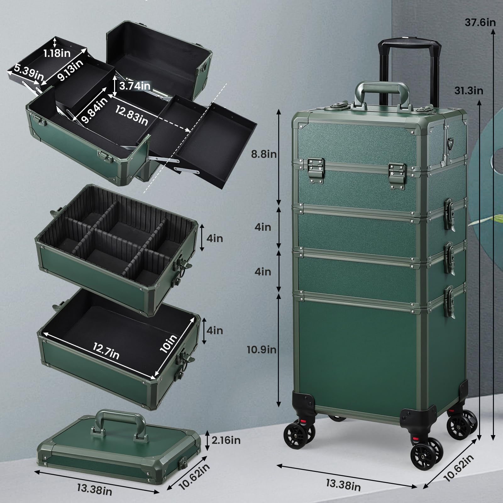 FRENESSA 5-in-1 Rolling Makeup Case with Removable Trays