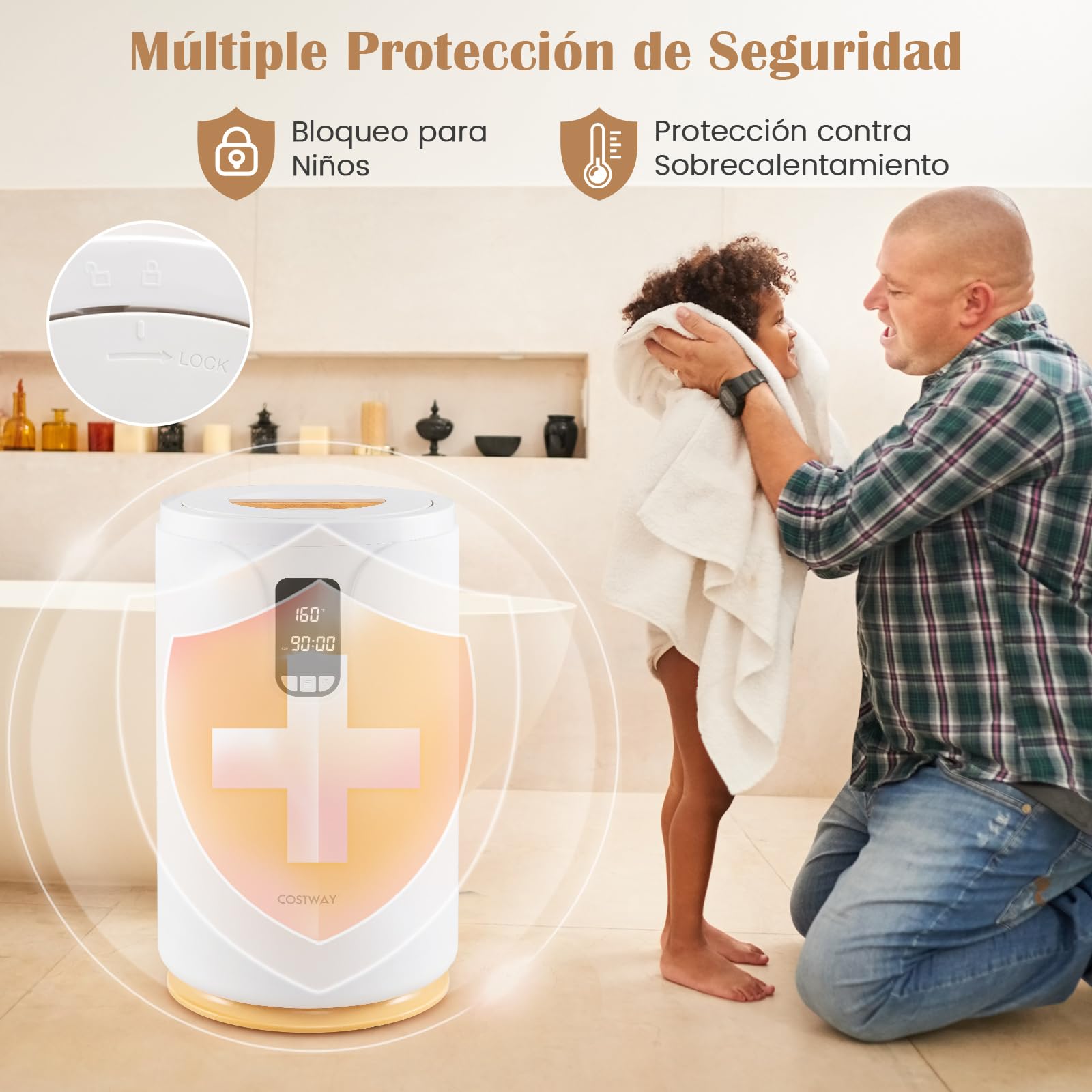 COSTWAY 20L Cubo Calientatoallas con Luz LED, Calentador de Toallas para Baño con Temporizador de 0,5-24H, Calentamiento de 30/60/90 Min, Bloqueo Infantil, Calentador de Mantas para Mantas, Pijamas