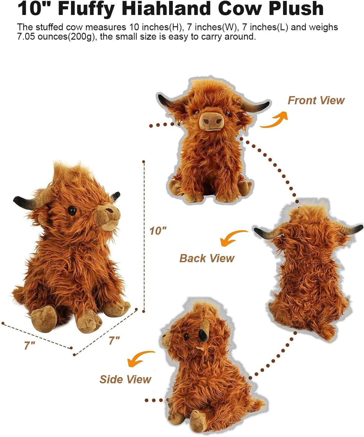 Highland Cow Fluffy Stuffed Animal, 10" Adorable Scottish Cow Plush Toy Cute Fuzzy Farm Animal Cattle Plushy Soft Home Decor Birthday Gift for Boys Girls Kids, Brown - Image 3