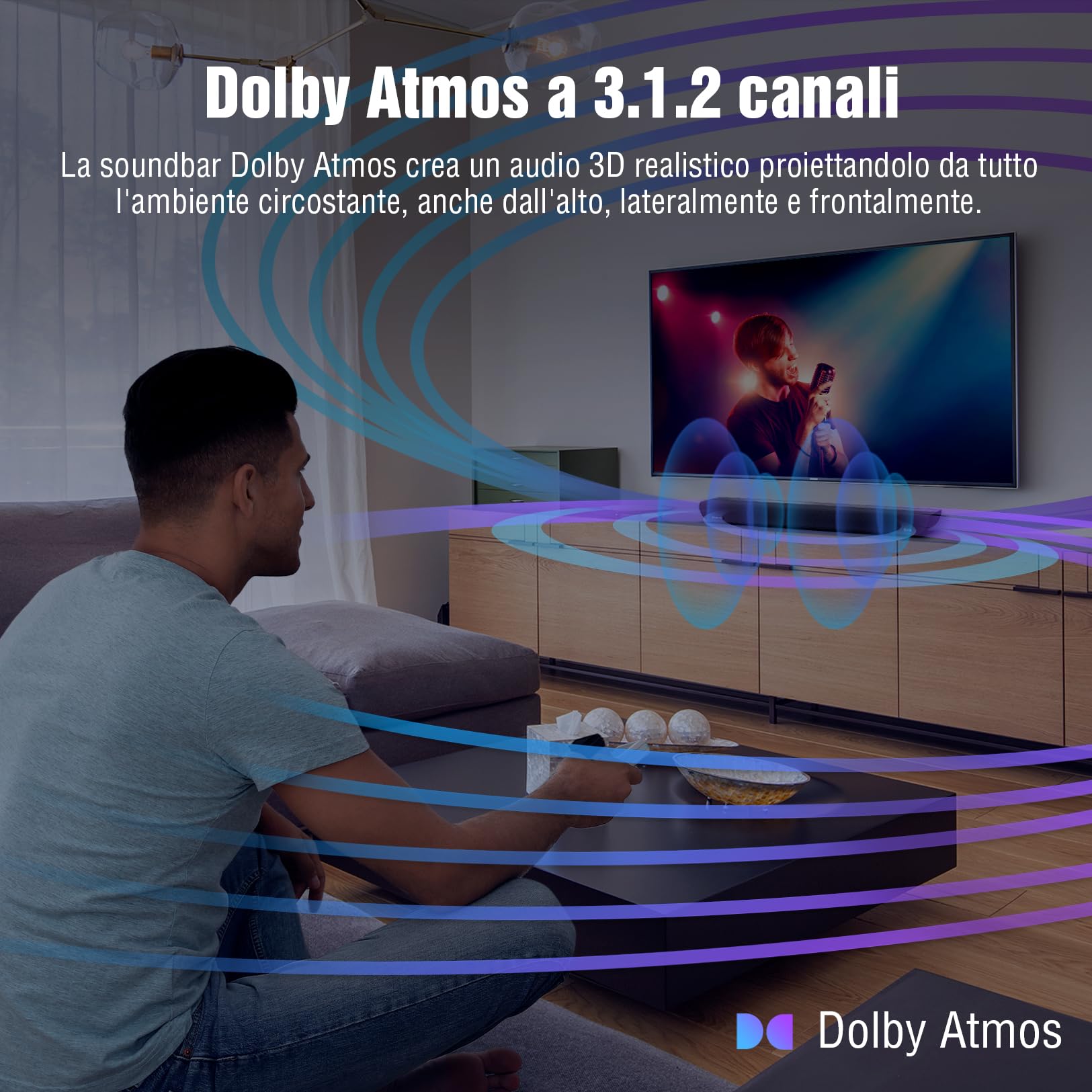 OXS S5 Soundbar 3.1.2 Canali con Dolby Atmos, Subwoofer Incorporato, Bassi Flessibili, Ottimizzazione dei Dialoghi, Connettività Bluetooth 5.0 e HDMI eARC, 5 Modalità Audio, 4K HDR Passthrough