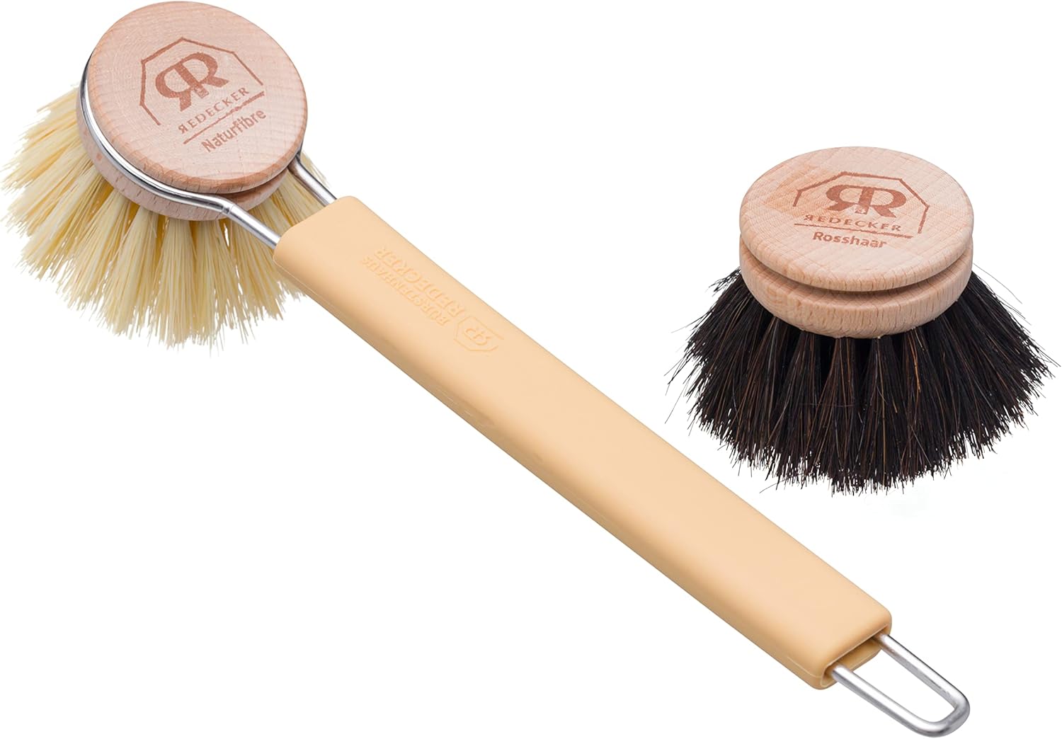 Redecker Silicone Dish Brush Bundle, Includes Interchangeable Natural Horsehair and Tampico Fiber Brush Heads, Sustainable Silicone and Stainless Steel Handle with Hanging Loop, Sand