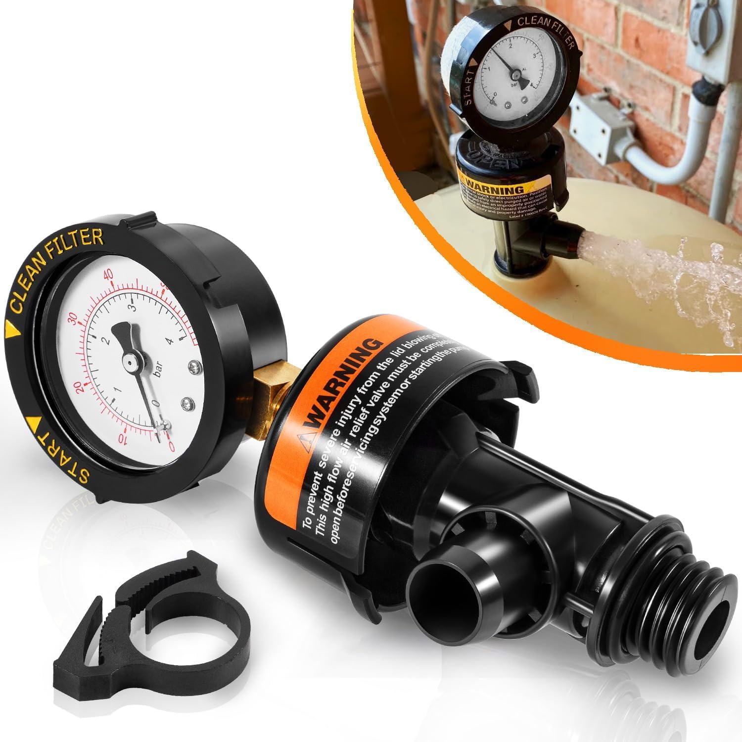 Vanne de vidange d'air avec manomètre pour filtre de piscine - Remplacement compatible avec 98209800 & 190058 - Convient pour Clean & Clear, Warrior, FNS, Predator - Soupape de décharge de pression