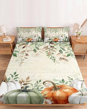 Bedding King Size Fitted Sheets Fit 5"-16" Deep Pocket Mattress,Orange Pumpkin Fall Thanksgiving Soft Bottom Sheet Green Leaves Retro Letter Fitted Sheet Bed Set with Pillow Case