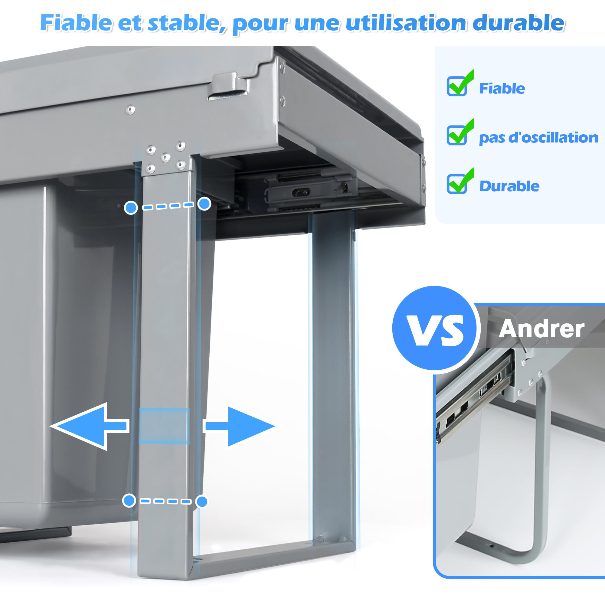 LVJ Amélioré 40L Poubelle Encastrable Sous évier- Séparation Des Déchets - 2 Compartiments Extensibles - 2 x 20 l - Dimensions: 47.8 x 34.8 x 41.7 cm (L x l x H) - Gris