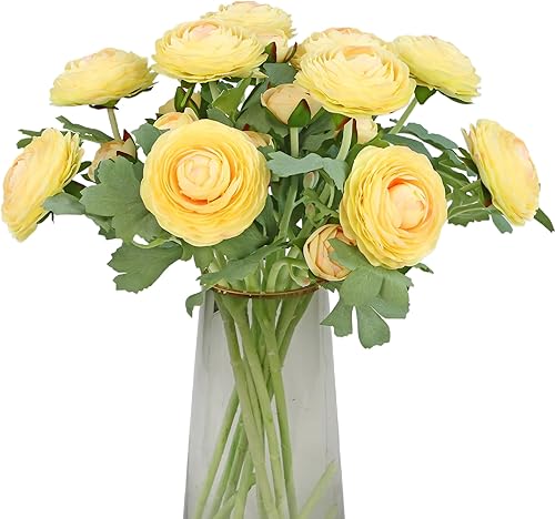 Flores artificiales de ranúnculo con tallo de tacto real, flores de ranúnculo de seda (amarillo cremoso, 10 unidades)