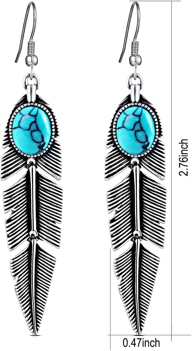 Women's Created-Turquoise Earrings Bohemian Compressed-Turquoise Jewelry Mother Gifts Pendant Metal Tribal Feather Tibetan Dangle Drop Earrings for Women - Image 3