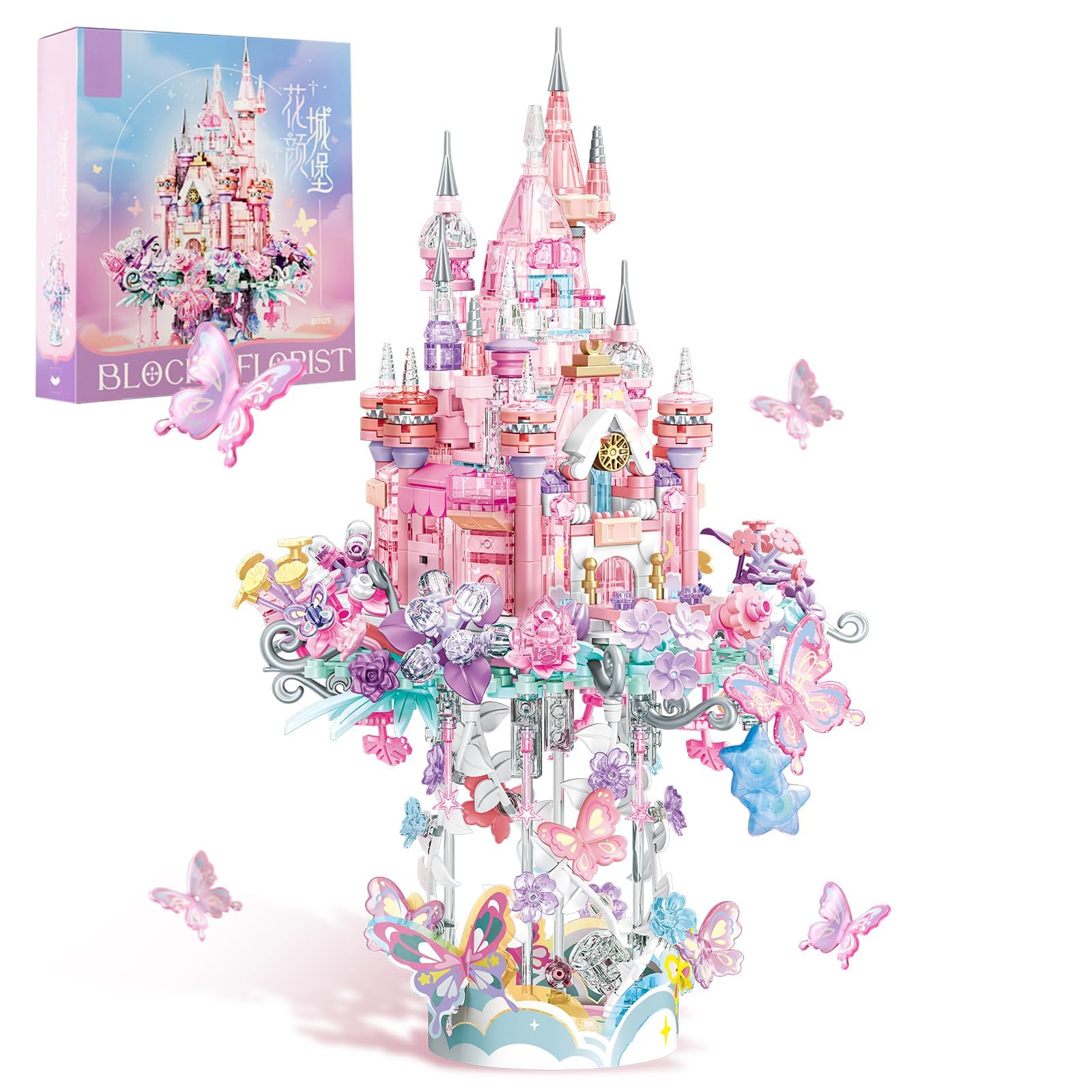 Flower Castle Building Blocks Set,Dream Castle On a Cloud Particle Construction Building Bricks Toy,Flowers Butterfly Star Castle Home Decoration