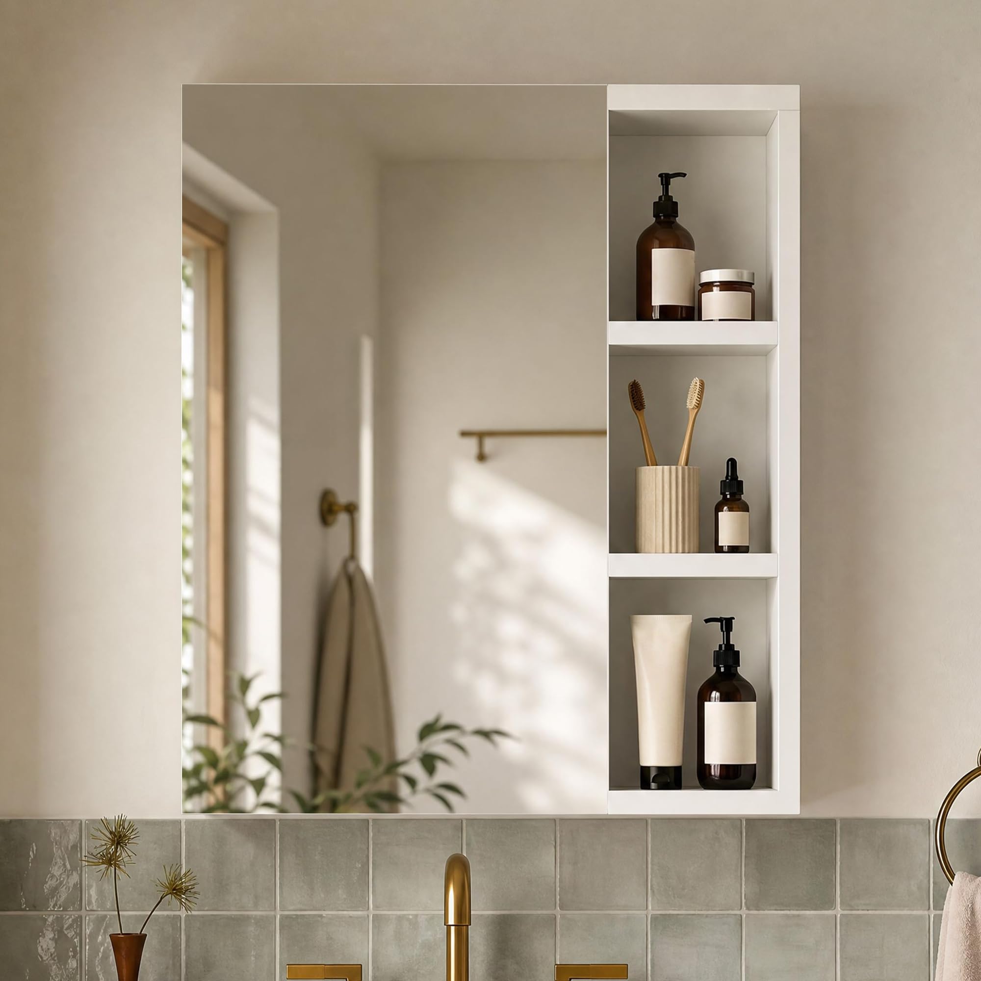 CLIPOP Armoire à Miroir Murale, Armoire de Salle de Bain avec Miroir, 3 Étagères Ouvertes et Étagère Réglable, pour Buanderie, Chambre, Salon