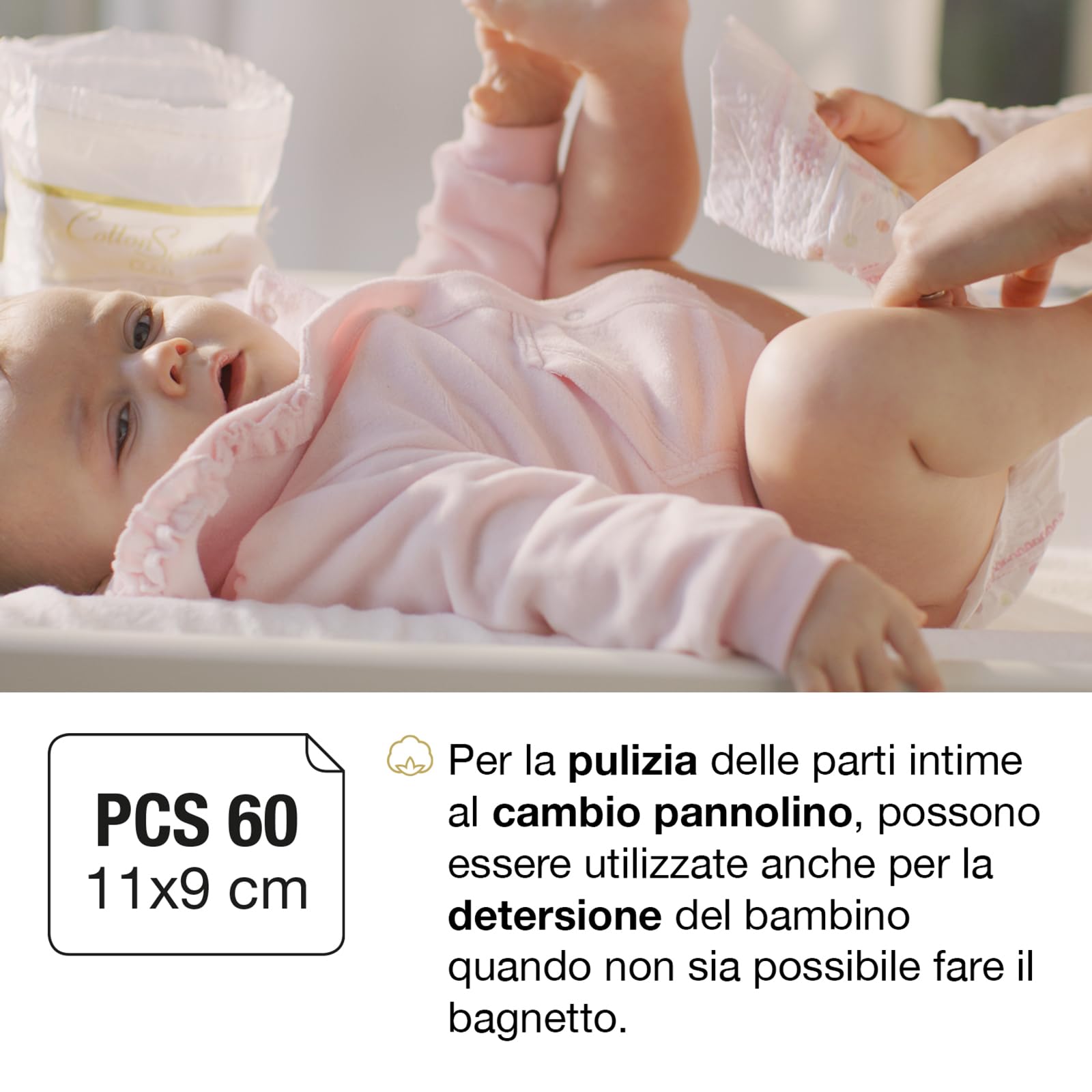 COTTON SOUND GOLD BABY Faldine 60 Pezzi per Bambini, 100% Cotone Idrofilo, Quadrotti 9 x 11 cm, Ipoallergeniche e Biodegradabili, Dermatologicamente Testate, Made in Italy