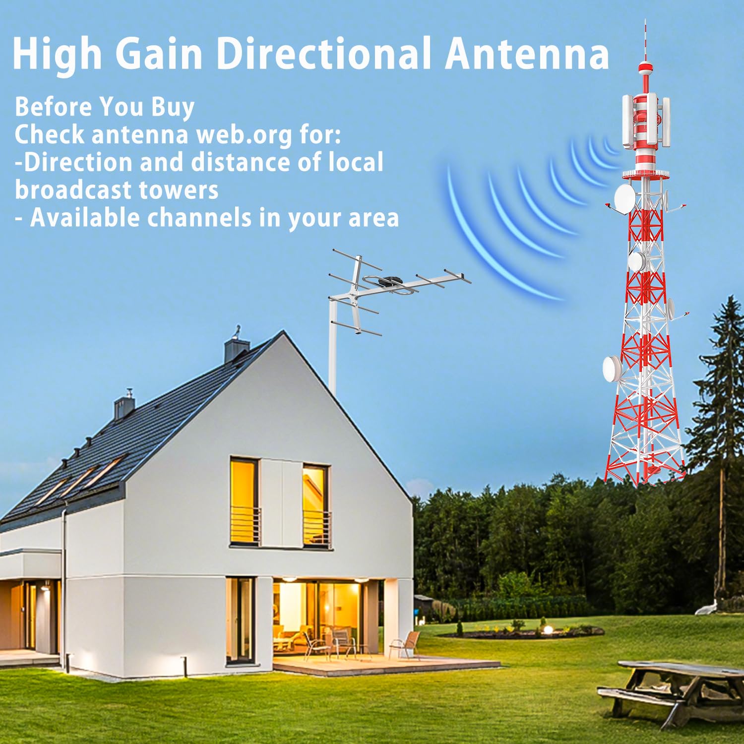 Yagi Antenne TV satellite HD, antenne HDTV numérique extérieure, rotation directionnelle à 360 degrés, longue portée avec UHF/VHF, prend en charge 4K, 1080p, Smart et anciens téléviseurs