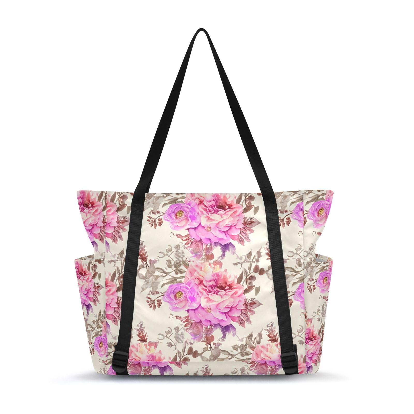 Lxqimora Flowers Romantic Beige Yoga Mat Bag for Women Water-Resistant Gym Bag with Yoga Mat Holder Tote Bag for Gym Pilates Travel Yoga