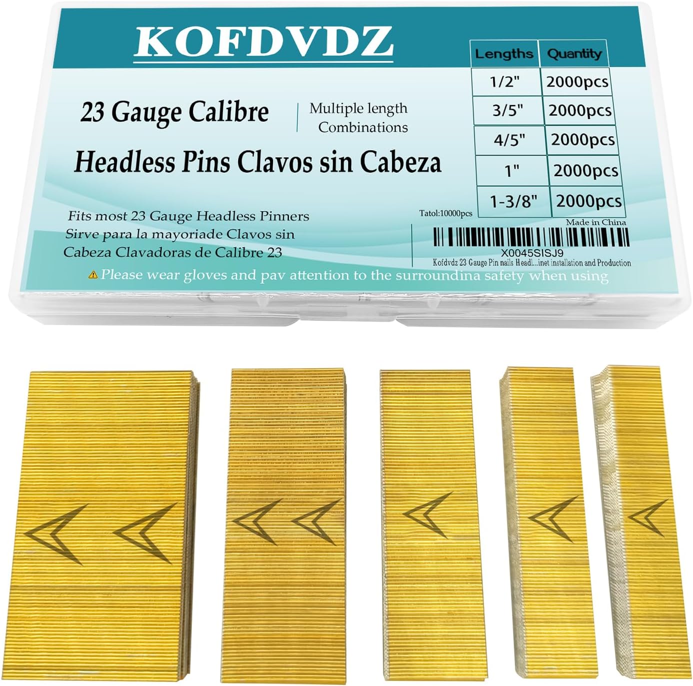 Kofdvdz 23 Gauge Pin nails Headless Pinner nails 10000 Pieces 5 sizes, 1/2", 3/5 ",4/5 ",1 ", 1