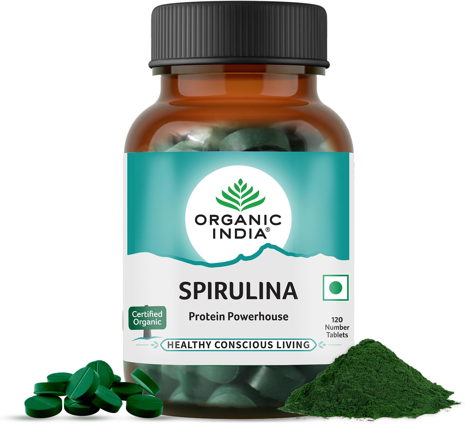 A TATA Product - Organic India Spirulina - 120 Tablets, Natural Amino Acids, Protein Powerhouse, Plant-Based Superfood, For Hair, Skin, Nails & Overall Health
