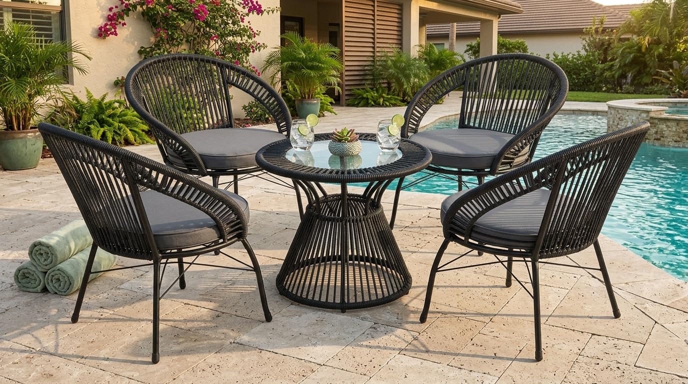 UF Outdoor Rattan Wicker Patio Bistro for Garden Backyard Balcony Porch Poolside Furniture, Black 4+1-image-10