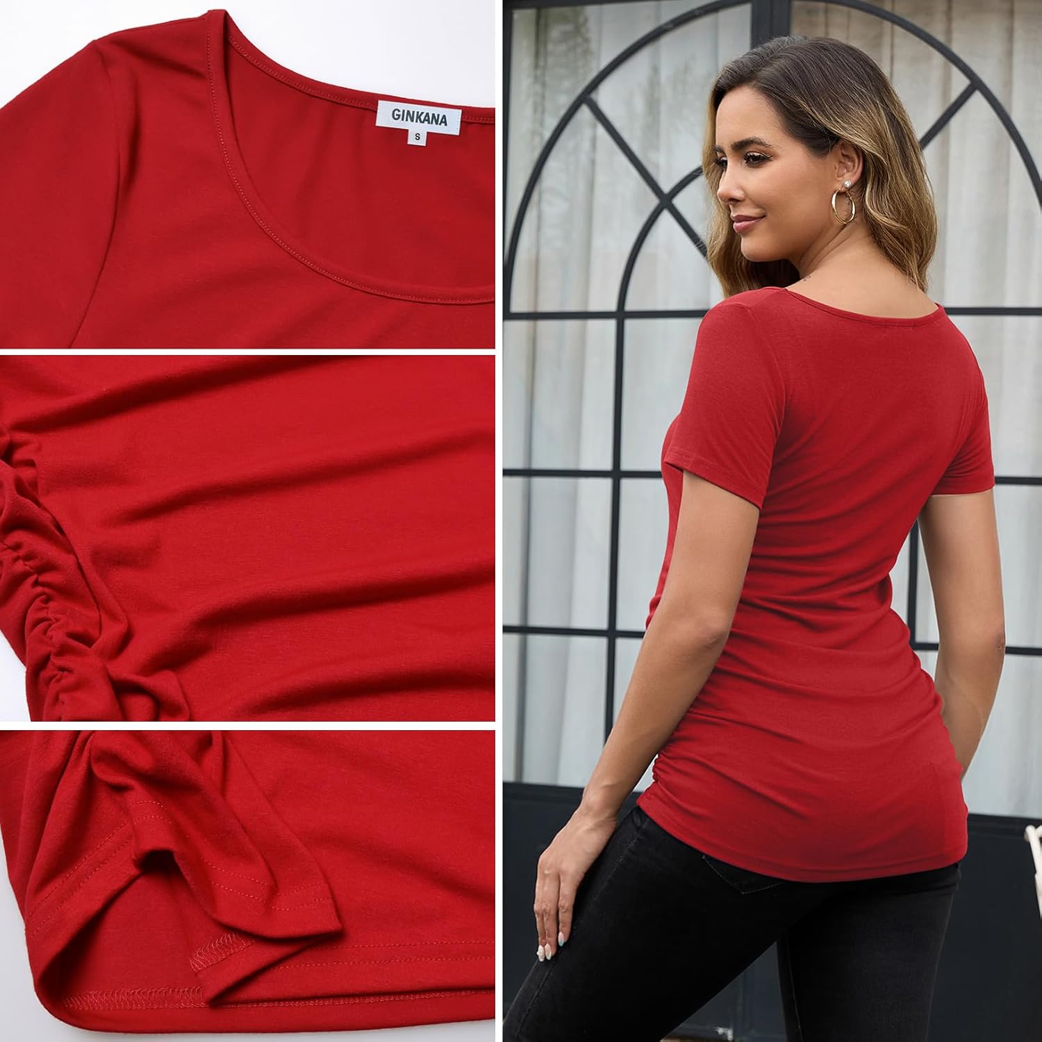 GINKANA Short Sleeve Maternity Tops Shirts Floral Ruched Sides Casual Mama Pregnancy Blouses Clothes - Image 6