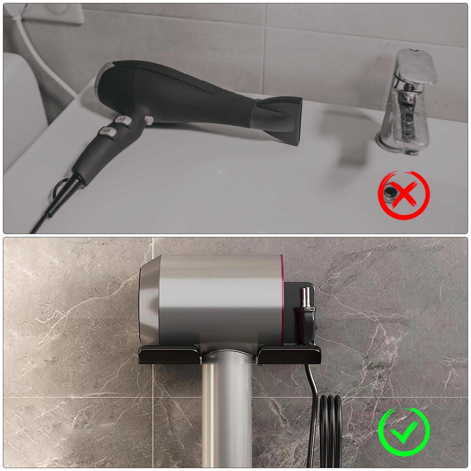 Support Sèche-Cheveux HENGBIRD - Fixation Murale Sans Perçage ABS Noir Universel