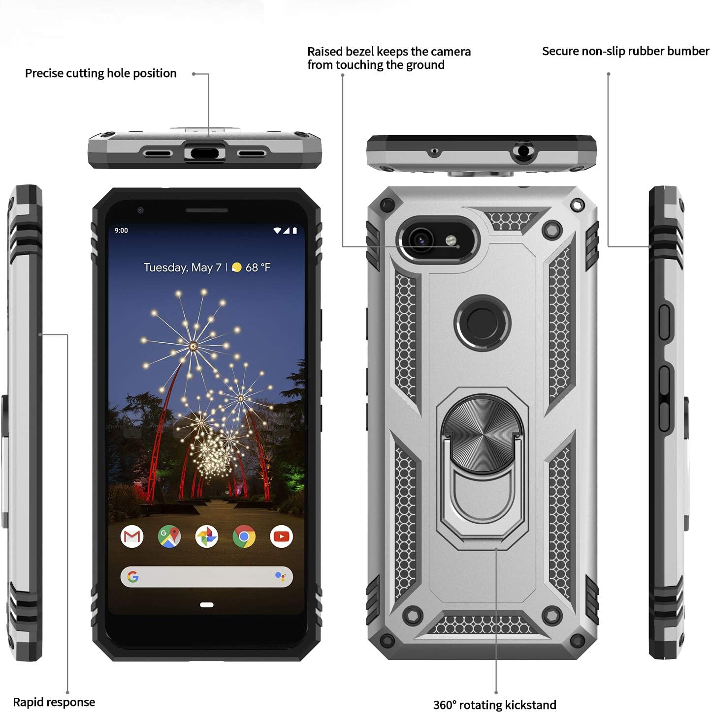 LeYi Google Pixel 3a Case (Not fit 3a XL) with HD Screen Protector, Magnetic Car Mount Ring Holder Stand Dual Layer Rugged Shock Absorption Cover Case for Women Girl, JSFS Sliver