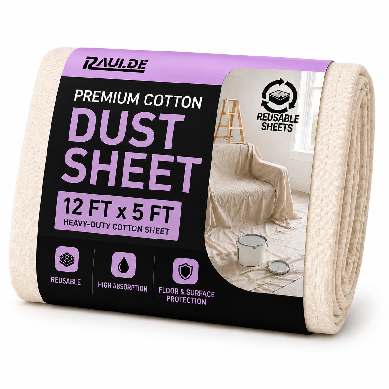 Raulde Cotton Dust Sheet 12x5FT – Heavy Duty Reusable Dust Sheets for Decorating – Waterproof Floor Protection Sheet for Painting, Furniture Cover & DIY - Drop Cloth