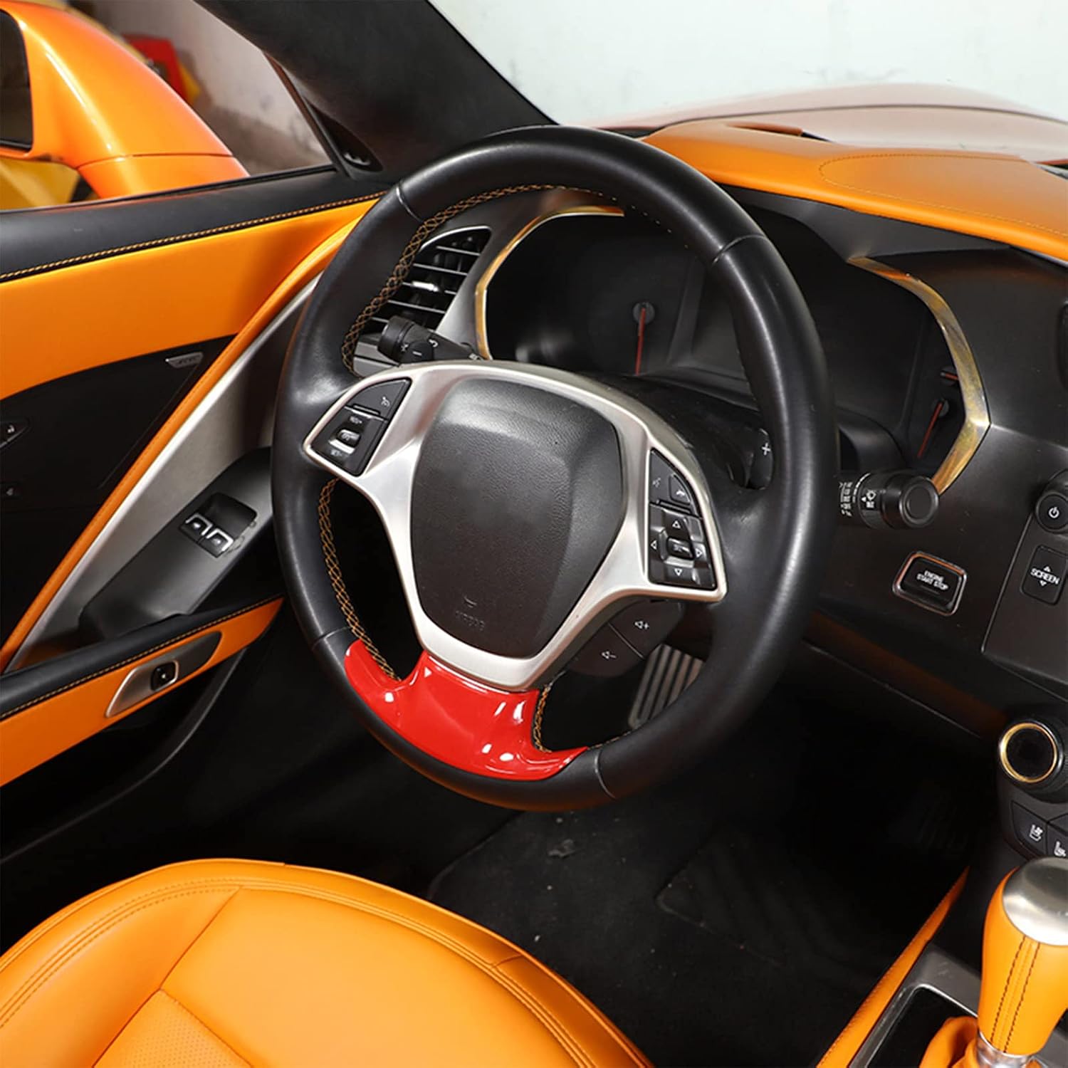 Steering Wheel Decorative Cover Trim ABS 1PCS Compatible with Corvette C7 Z06 Z51 ZR1 Stingray 2014 2015 2016 2017 2018 2019,C7 Interior Sticker Trim Accessories (Sports Red)