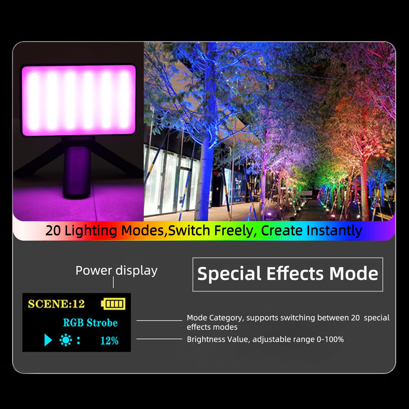 120 LED RGB luce video, luce portatile selfie con HUE 0-359°, 20 effetti luminosi, CRI 95+, luce video professionale con filtro colore e custodia in silicone, lampada fotografica per telefono/computer