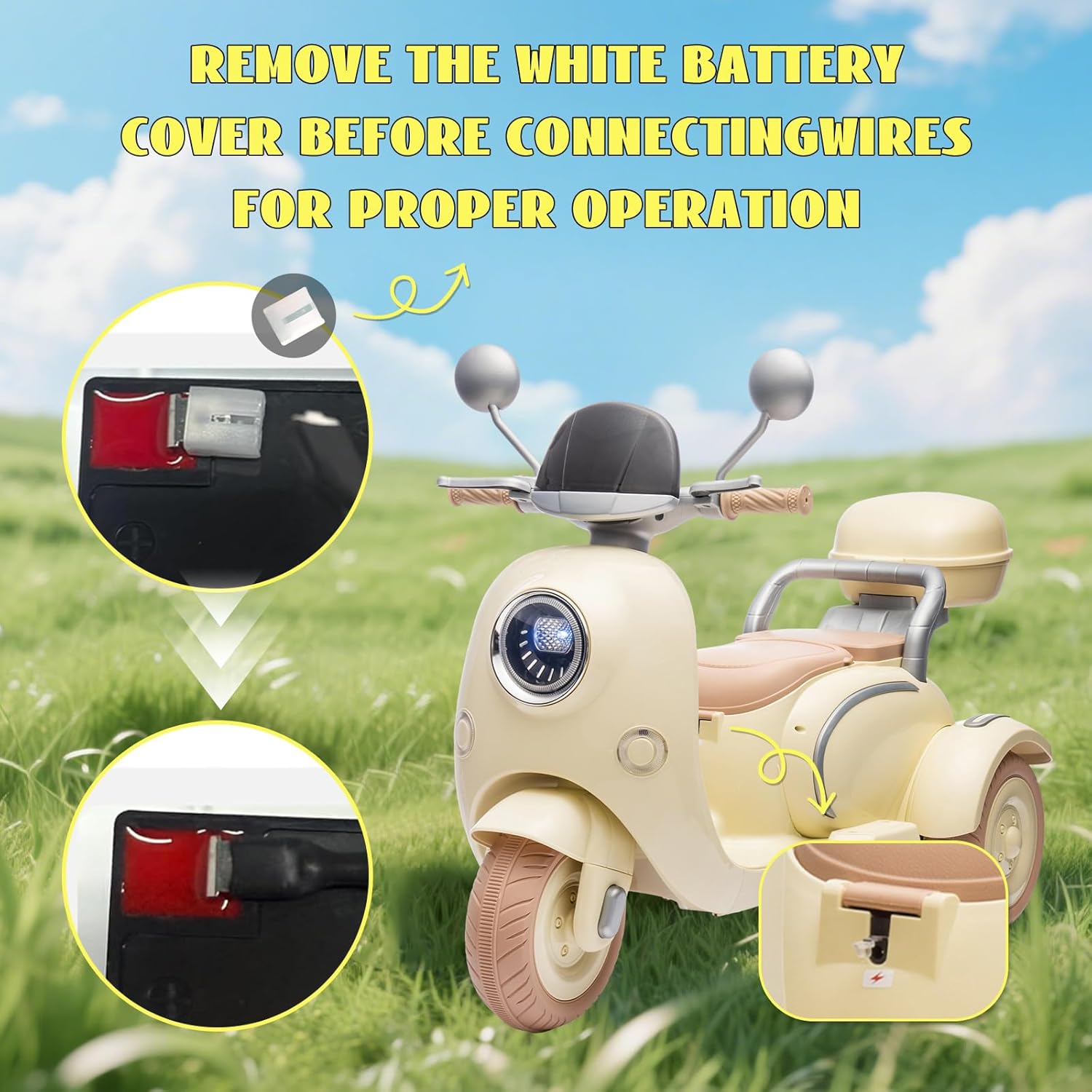 2025 Upgrade 2 Seats Kids Motorcycle with 2 Motors, 12V Ride On Electric Car, 3 Wheels Motorbike with USB, Bluetooth, Light, Storage Box, 2 * 30W Motorcycle for Kids Aged 3+, Beige