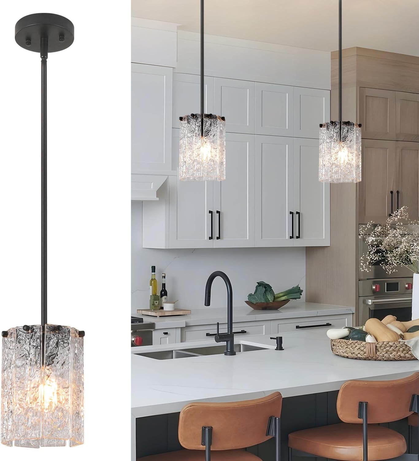 3 Pack Brushed Gold Pendant Light for Kitchen Island, Hand-Made Water Ripple Glass Chandelier, Luxury Modern Brass Adjustable Hanging Ceiling Light Fixture for Dining Room, E26 Base, 6" x 8"