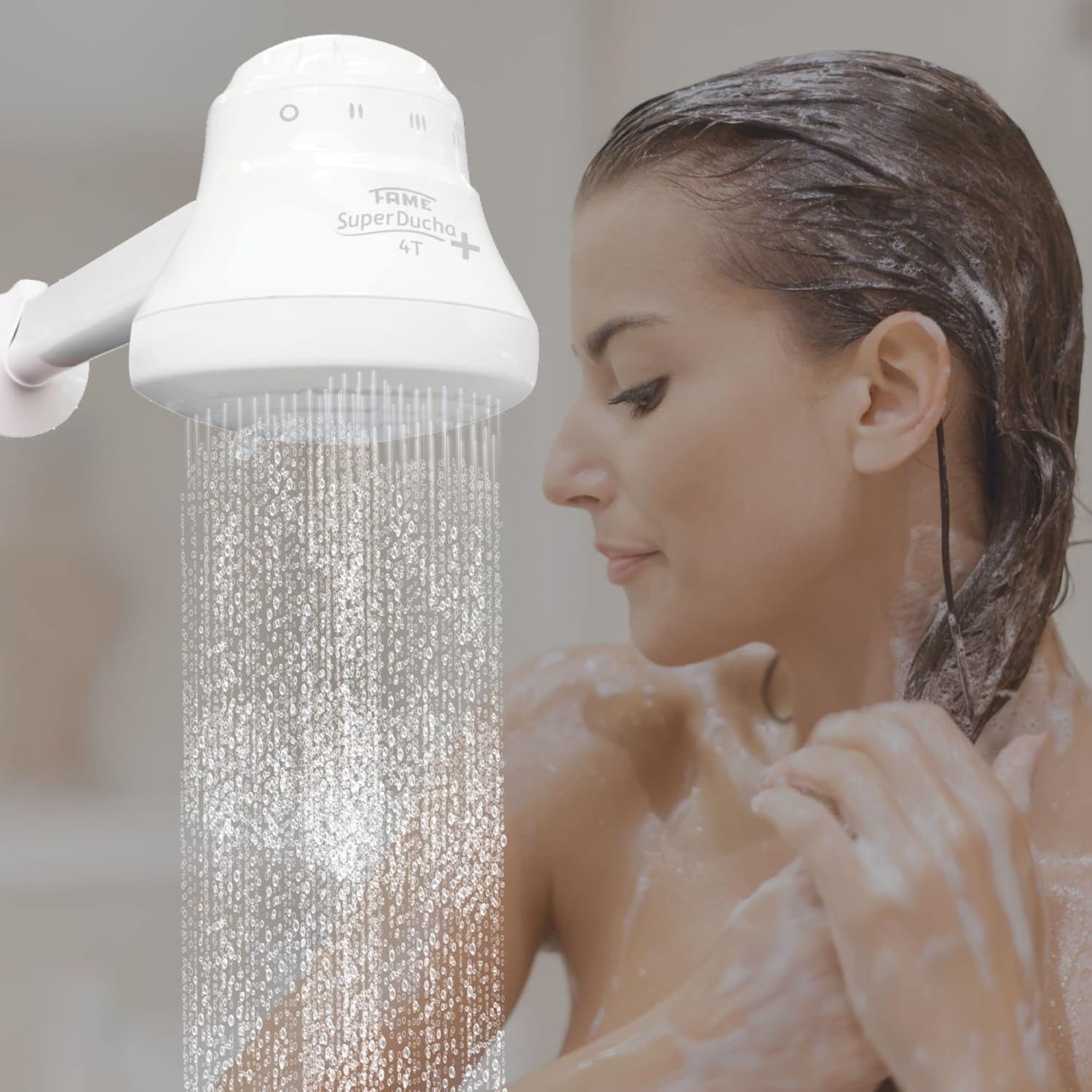 A person enjoying a shower with the FAME SUPERDUCHA+ Electric Shower, illustrating its use.