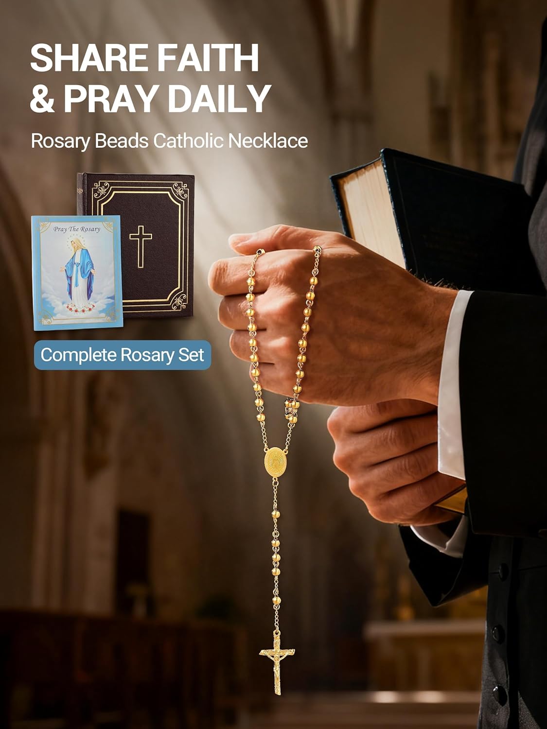 PROSTEEL Gold Virgin Mary Rosary Beads Necklace for Women, Stainless Steel Tarnish-Resistant Catholic Prayer Y-Necklace with Crucifix Cross, Gift Box & Prayer Card Included