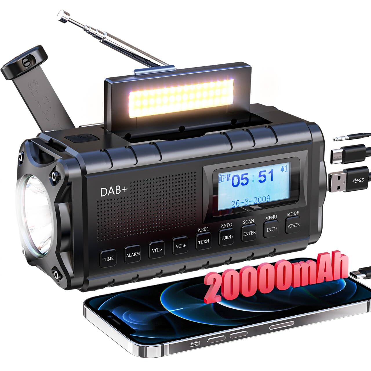 SOLARBABY Dab+/FM Radio Solaire d’Urgence, Radio à Manivelle avec 20000mAh Power Bank, Radio Solaire Dynamo avec Lampe Torche Lampe de Lecture Alarme SOS USB pour Randonnée Camping Extérieur, Noir