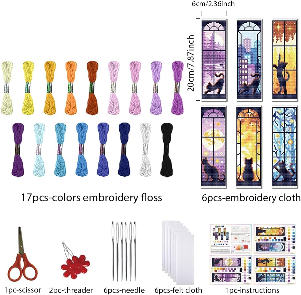 FREEBLOSS 6 Set Cross Stitch Bookmark Kit 11CT DIY Cross Stitch Kits Cat Window Views Pattern Stamped Embroidery Kit with Instructions Bookmark Making Set for Adult Beginners 8x2.4inch