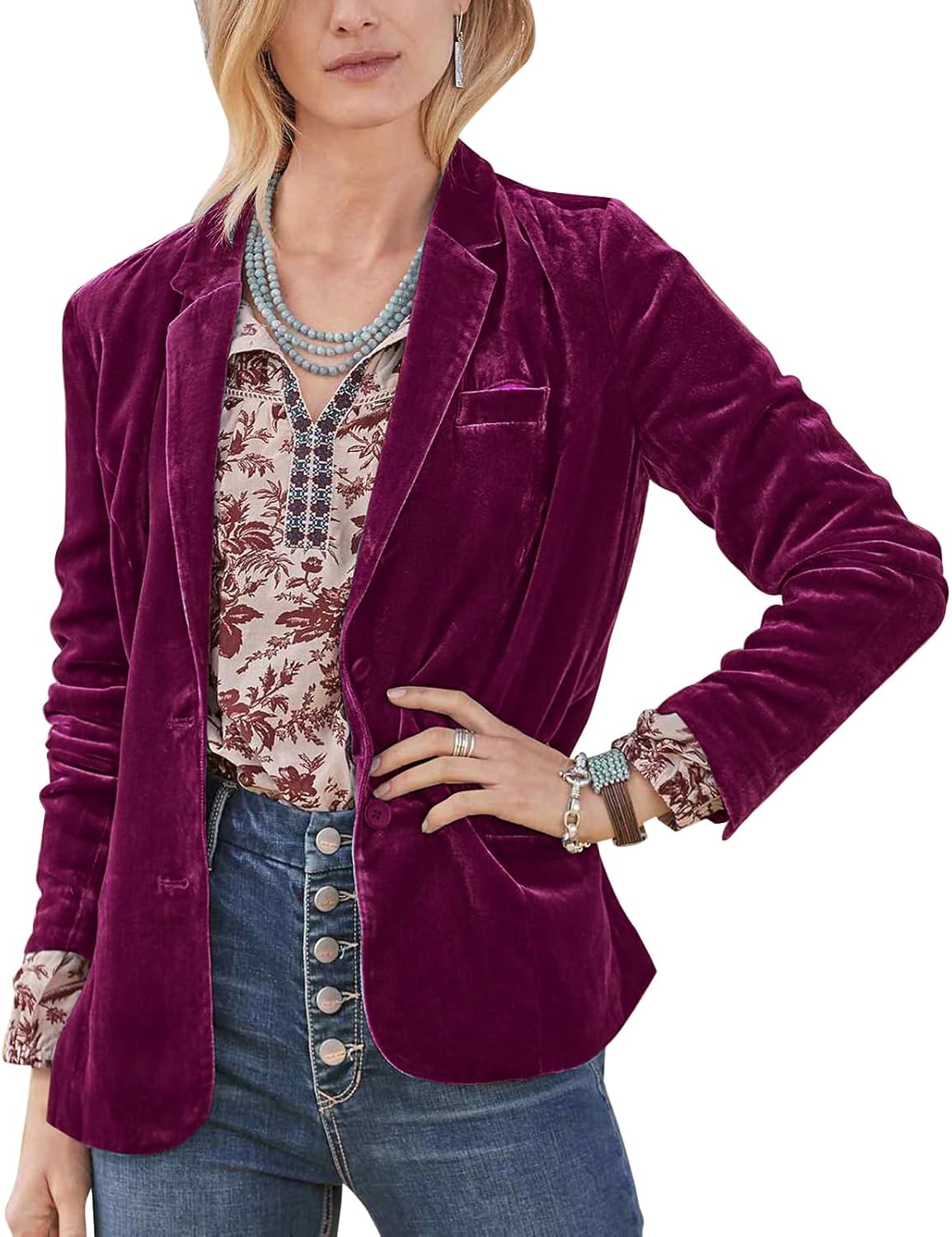 MINTLIMIT Women's Casual Velvet Blazer Notched Lapel Button Front Jacket Long Sleeve V Neck Jackets Coat Blazers