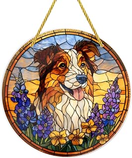 1PC Stained Glass Styles Acrylic Hanging Ornaments, Dog Amidst Colorful Flowers Decorative Signs, Rainbow Maker Wall Art Suitable for Pet - lover Home Decor, Kawaii Gifts, Garden, 6×6in