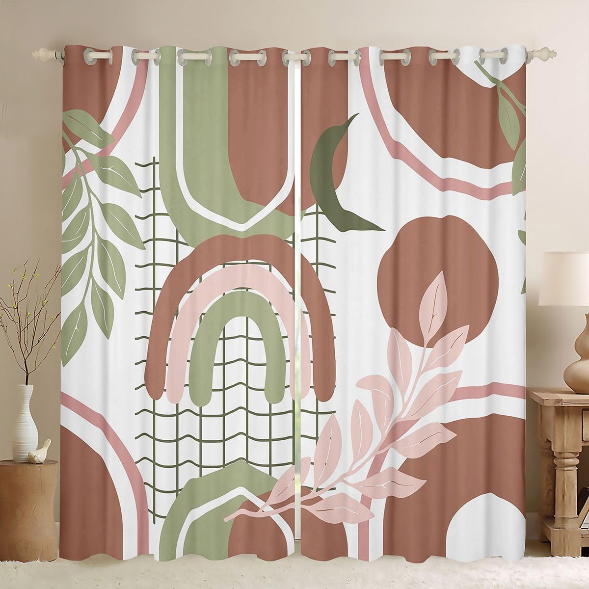 Rideau occultant 140x245 cm feuilles boho rose vert minimaliste