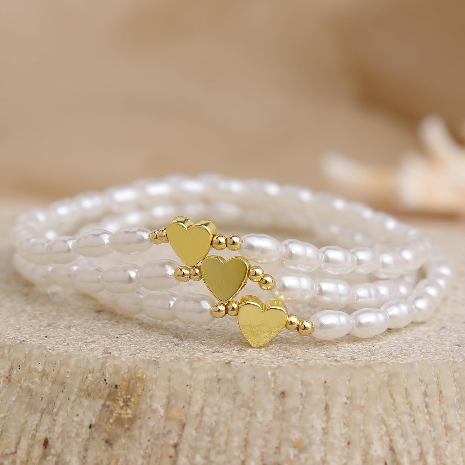 Valentines Day Gold Heart Stack Bracelets Set for Women, 3Pcs Dainty Boho Handmade Pearl Beads Stackable Stretch Bracelet Outfit Accessories Jewelry Gift. - Image 5
