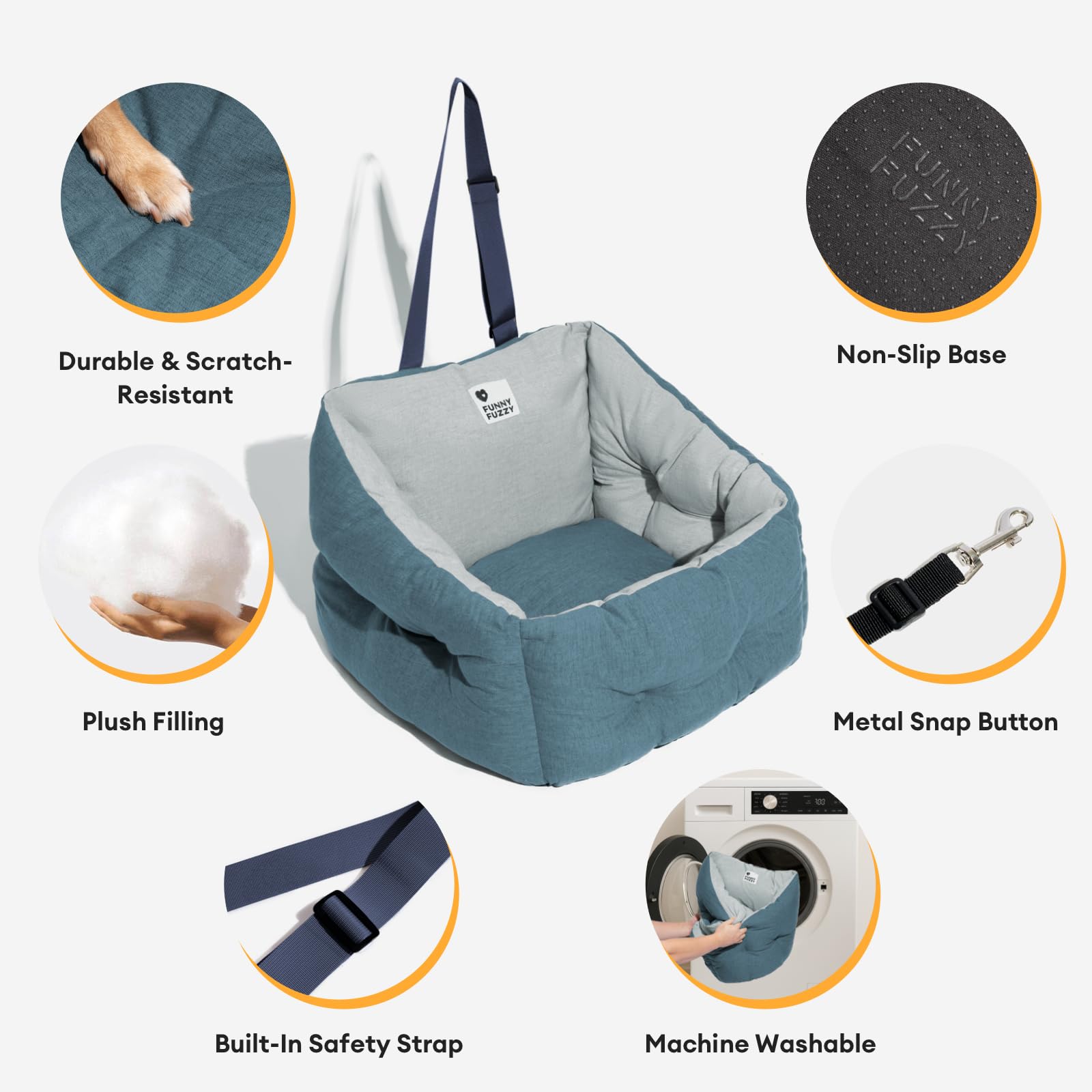 FUNNY FUZZY Dog Car Booster Seat for Small/Medium Dogs Up to 39lbs – Waterproof Fabric, Non-Slip Base, Safety Leash, Fully Detachable & Machine Washable Cover (Blue) - image 6