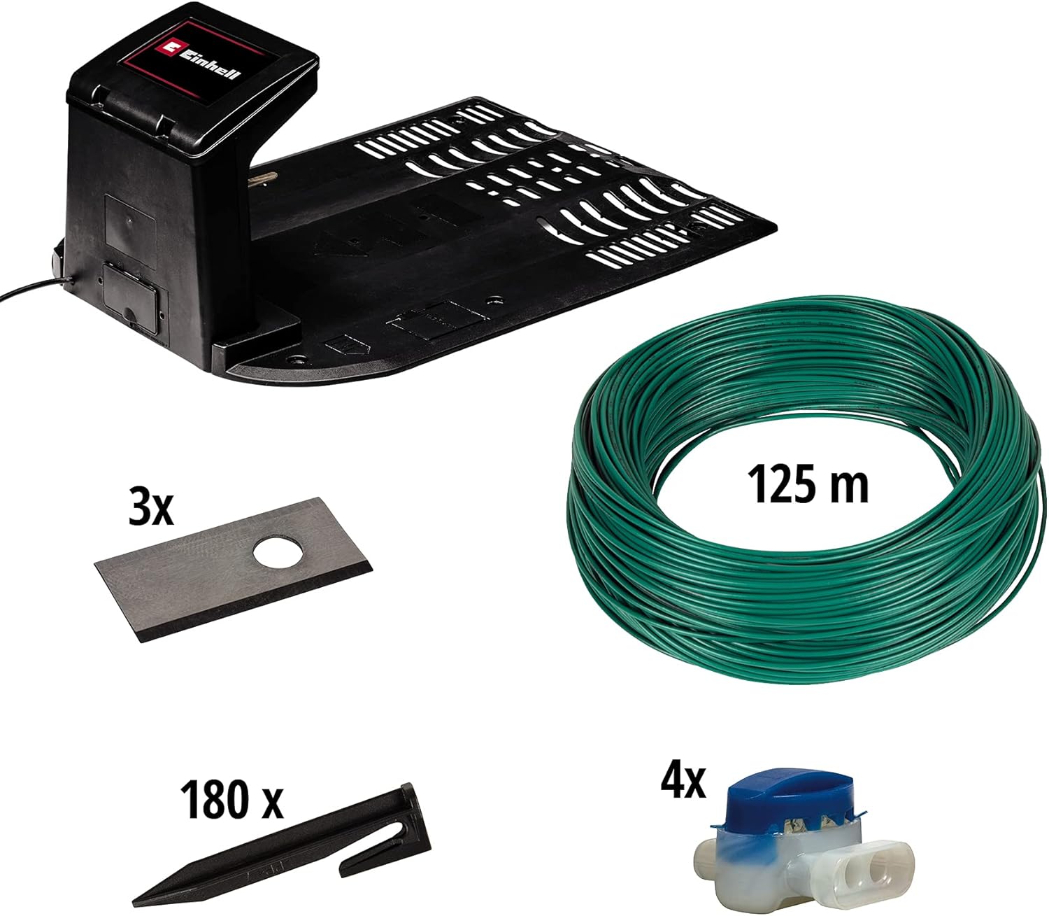 Included components: charging station, boundary wire, blades, and fixing hooks