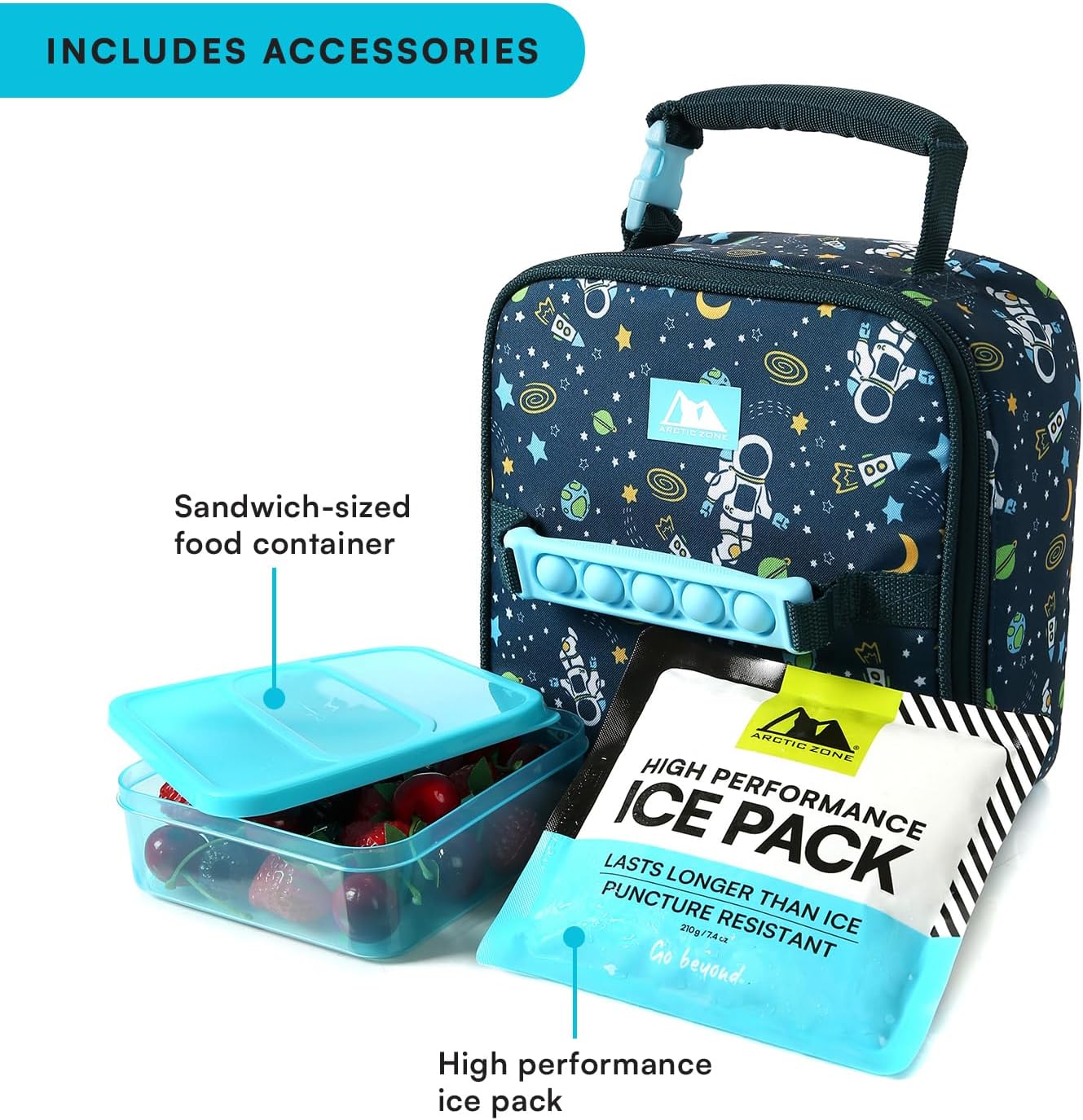 Arctic Zone Kids Lunch Box Combo with Gel Ice Pack and Sandwich Container, Insulated Bag for Travel Lunch, Sensory Fidget Toy Handle, Space Odyssey