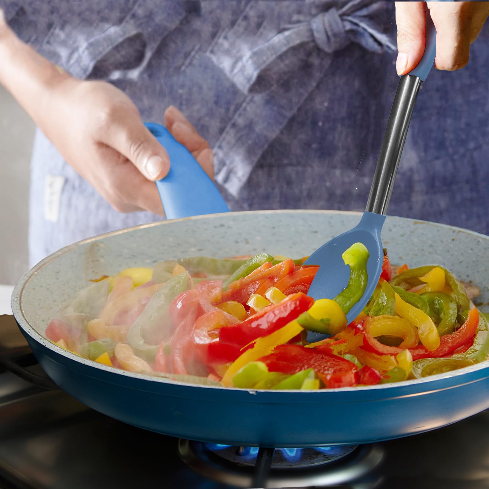 Espátula de silicona y cuchara de cocina, paquete de 5 cucharas y espátulas sólidas y ranuradas de silicona resistente al calor para cocina, mango de acero inoxidable recubierto con silicona,