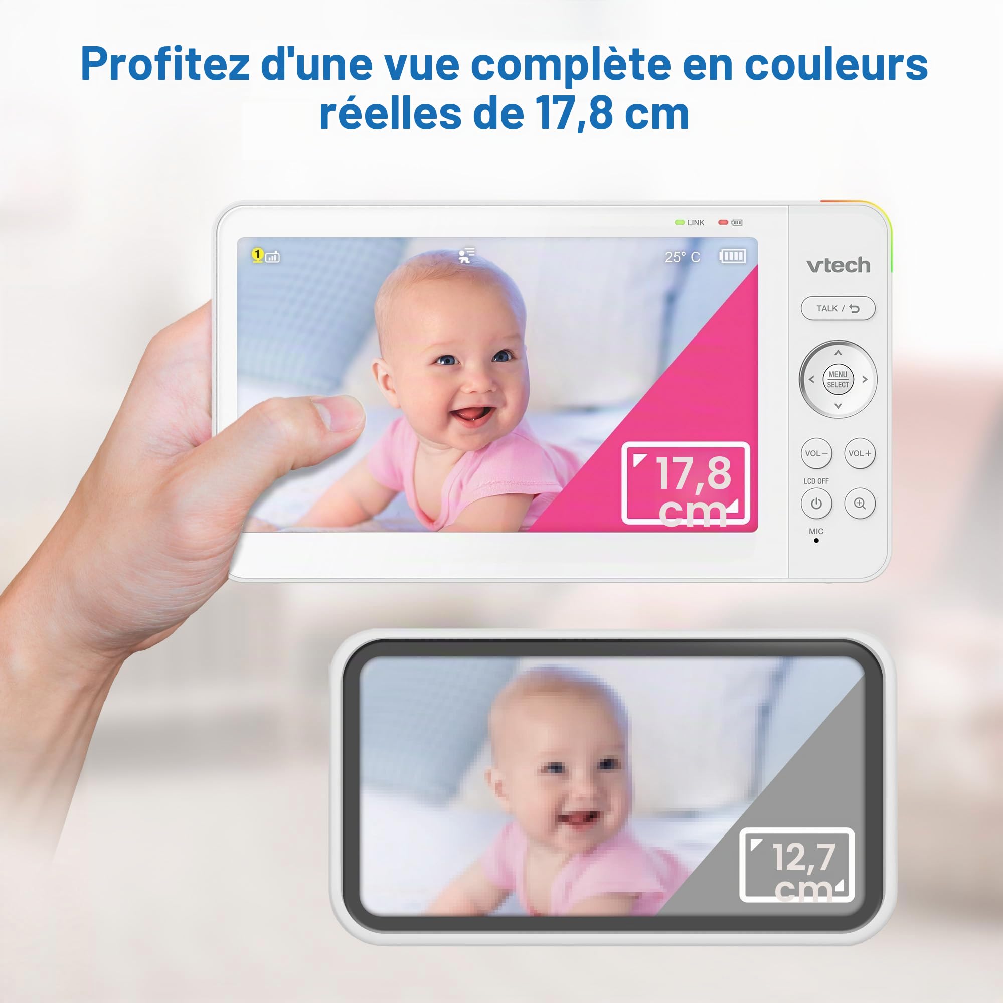VTech VM7467 Moniteur pour bébé avec écran LCD 7", Zoom inclinable panoramique à Distance, Vue Grand Angle de 178°, Sons apaisants et berceuses, veilleuse Multicolore, Conversation bidirectionnelle,