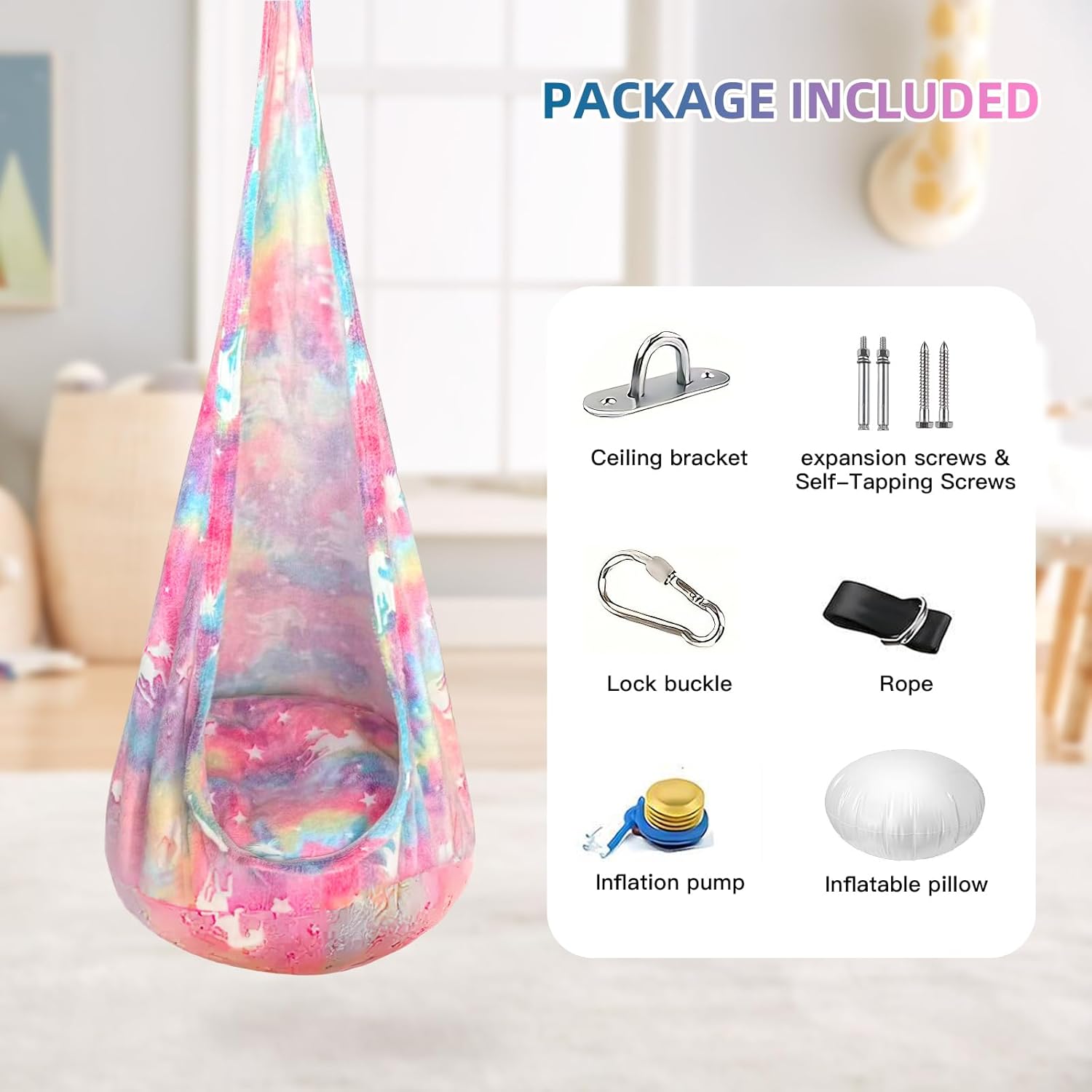 Kids Pod Swing Seat, Flannel Sensory Swing Chair Nightglow with PVC Inflatable Cushion, Hanging Hammock Chair for Indoor＆Outdoor Use (Rainbow Color(Unicorn))
