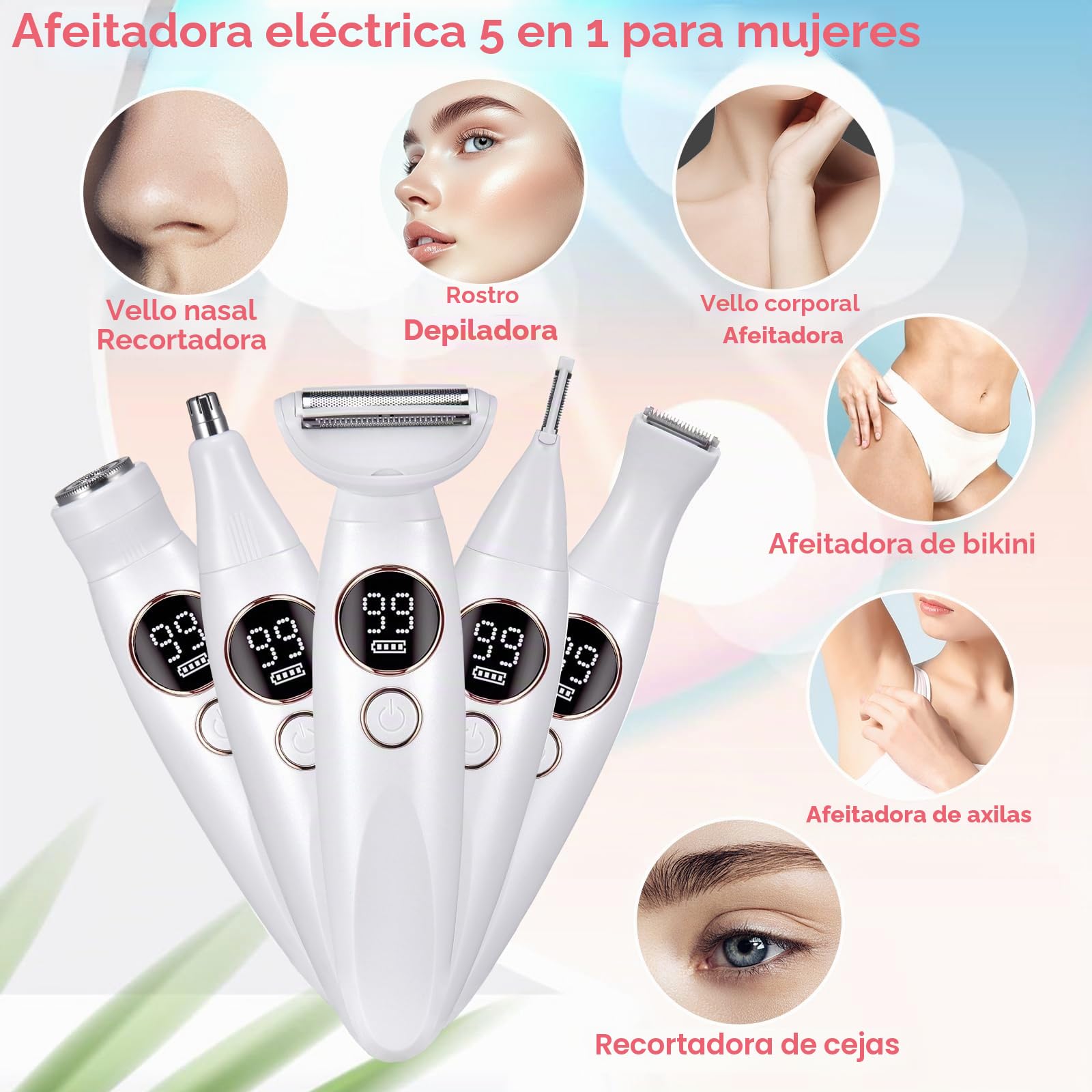 Afeitadora Mujer, 5 in 1 Rasuradora Mujer Zona Intima USB Recargable Profesional Afeitadora Mujer Zona Intima Uso en Seco y en Mojad, IPX7 Impermeable Indoloro Maquina Depilar Mujer