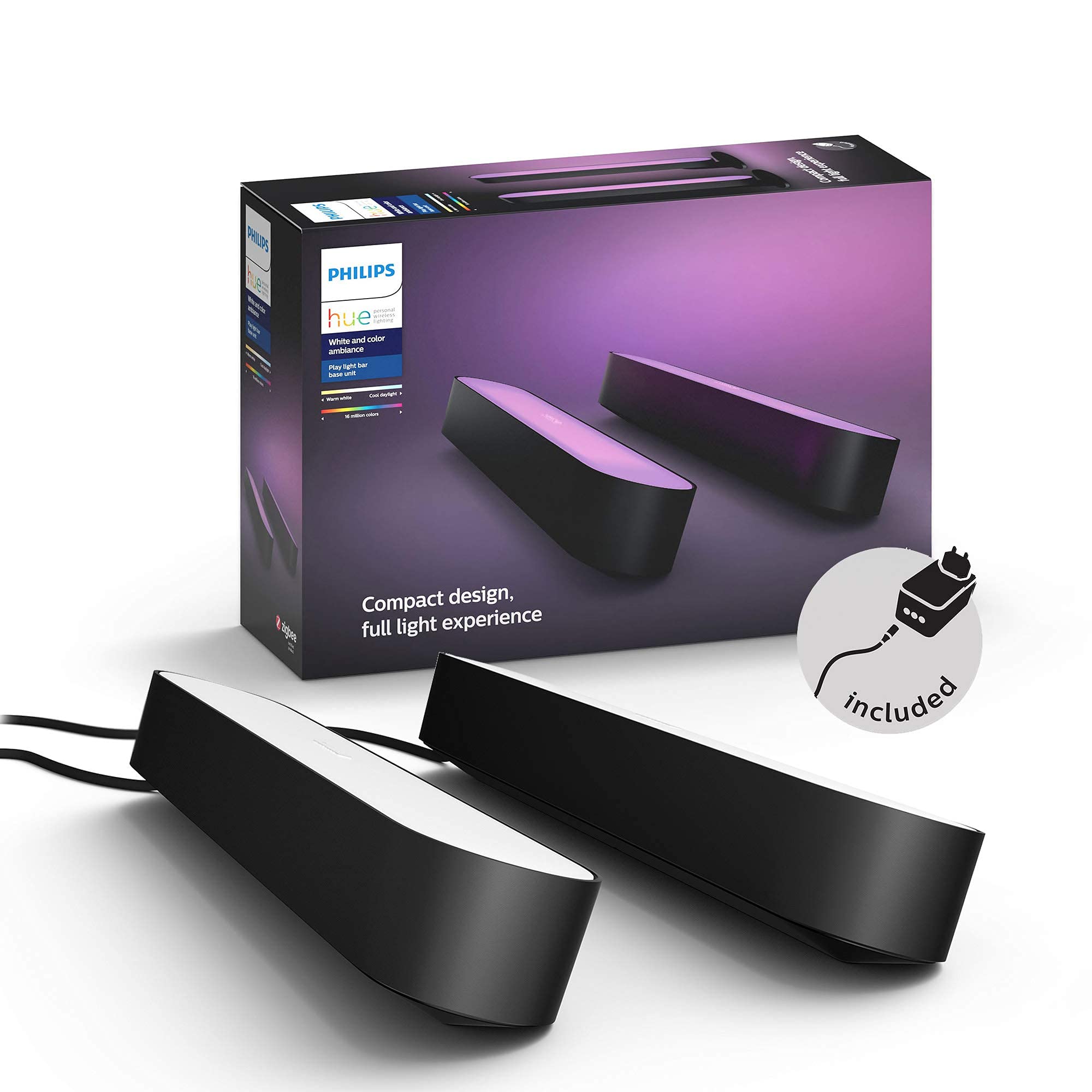 Philips Hue Play Pack White & Color Ambiance X2 6,6 W - Noir + Pont de Connexion - Fonctionne avec Alexa - Compatible avec Apple Homekit